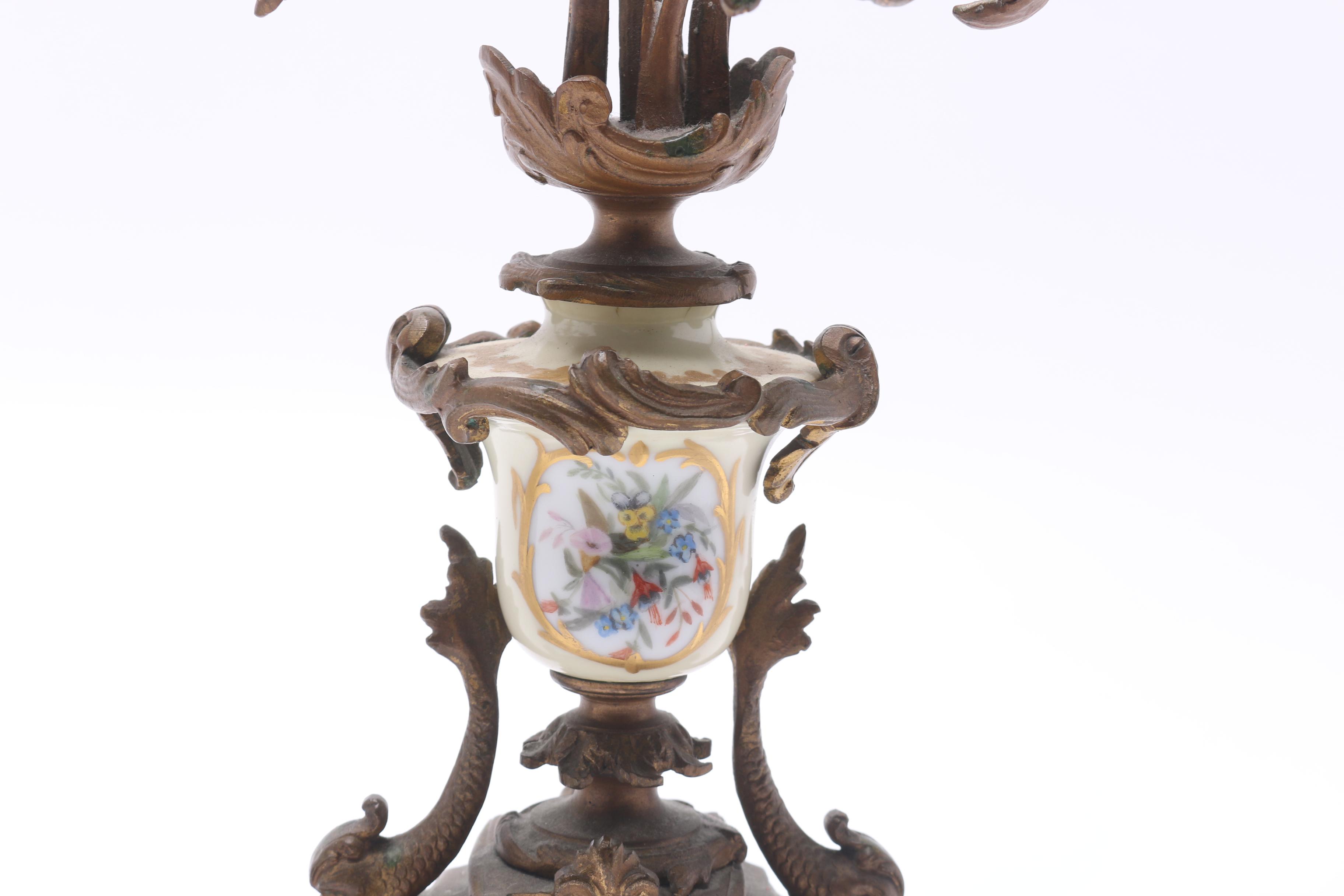 Pair of Provincial-Style Metal and Porcelain Candelabra