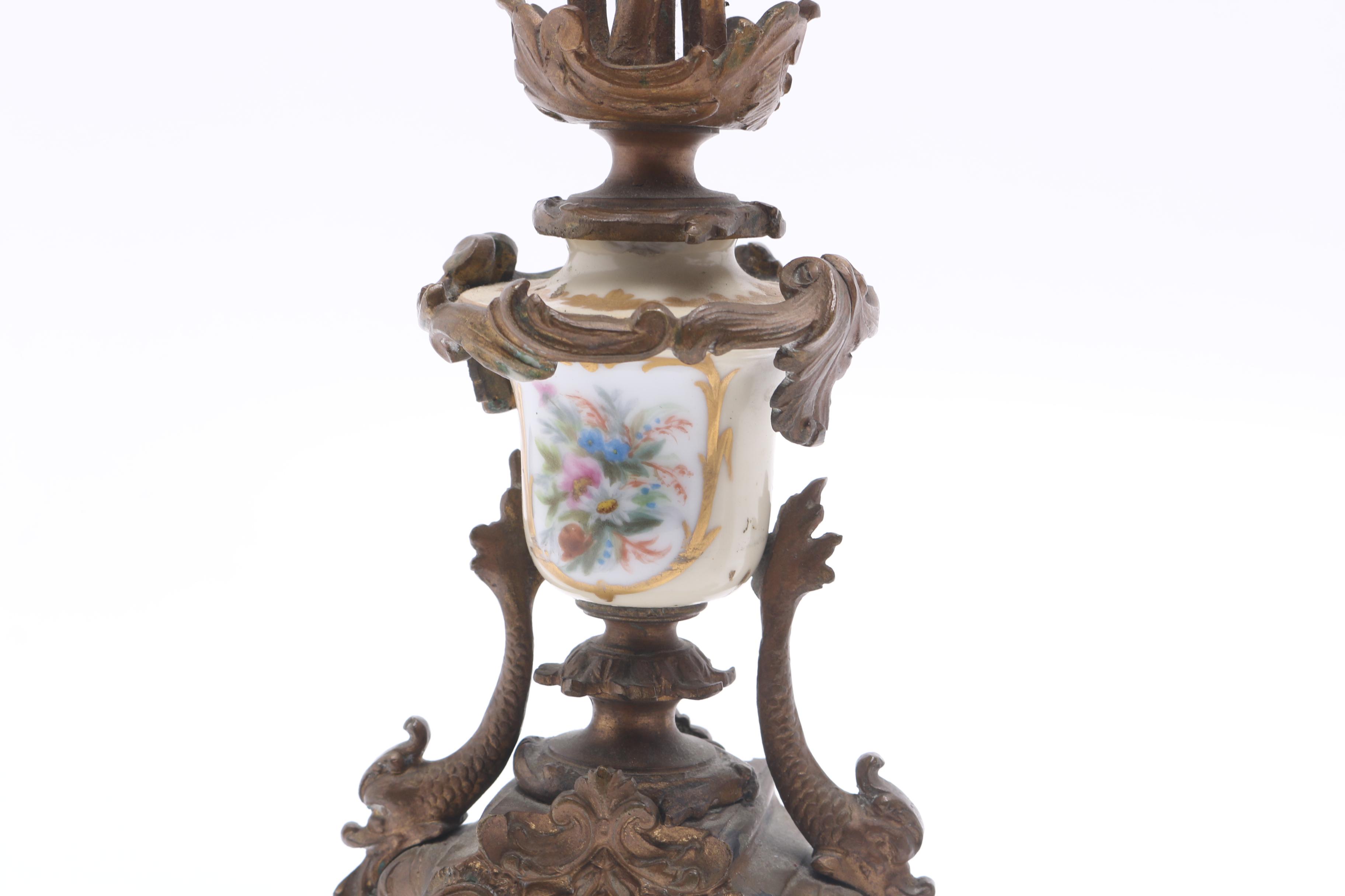 Pair of Provincial-Style Metal and Porcelain Candelabra