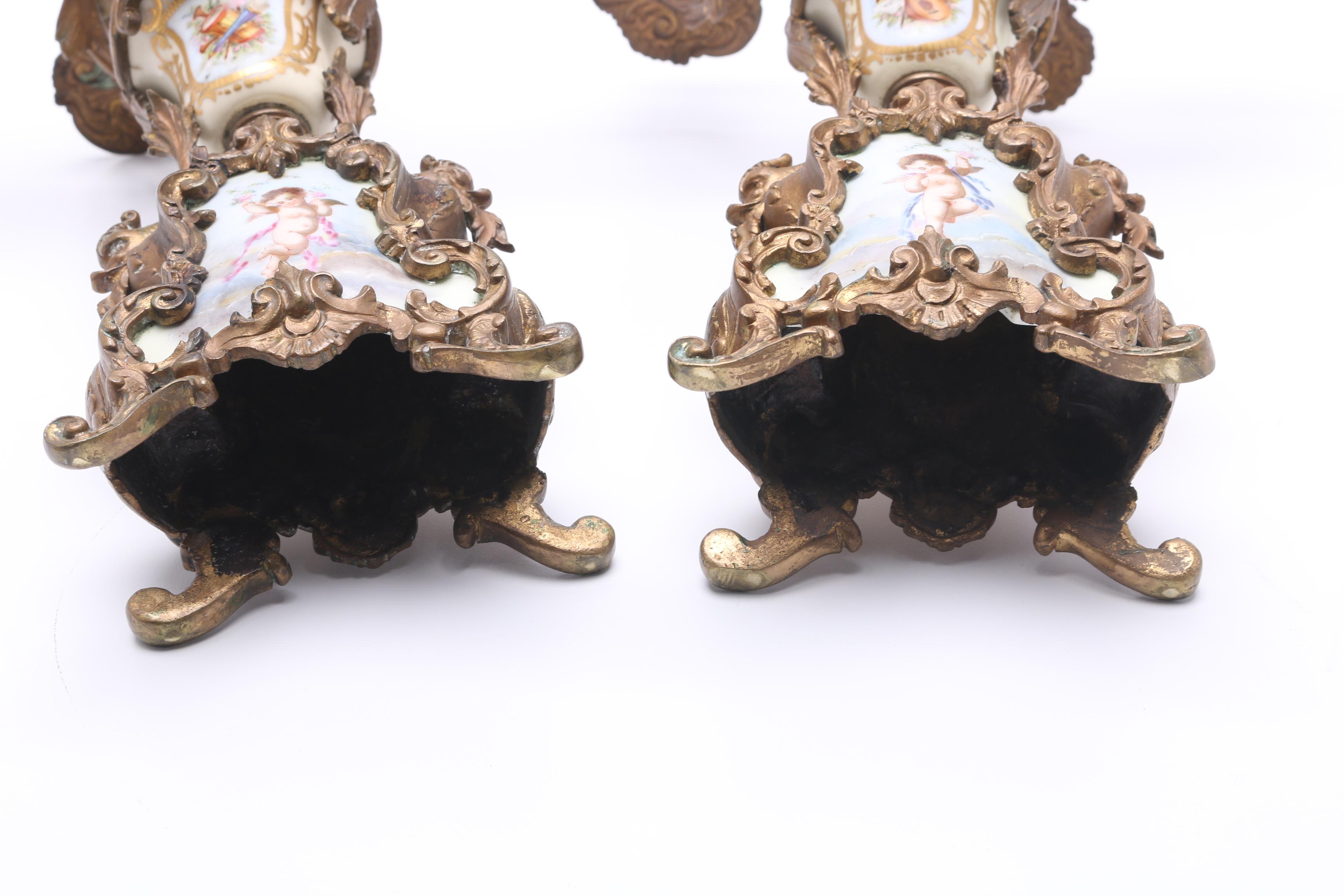 Pair of Provincial-Style Metal and Porcelain Candelabra