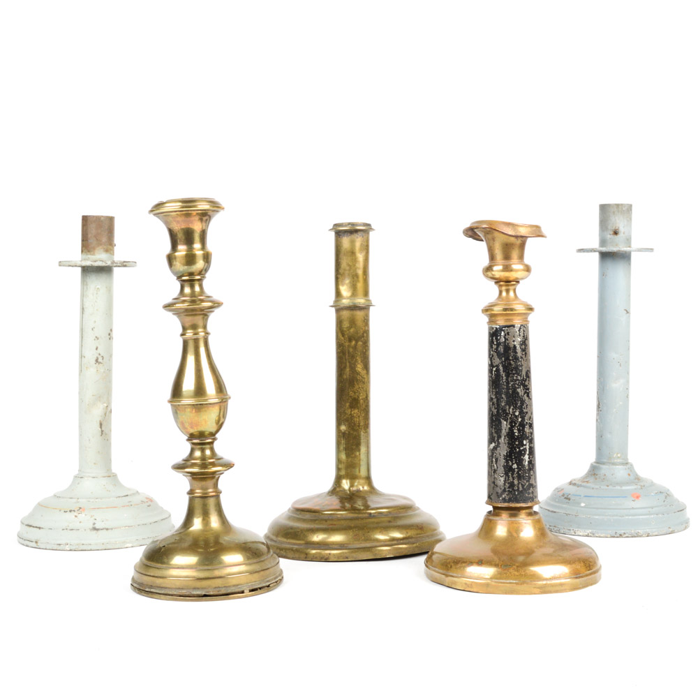 Five Antique Metal Candlesticks