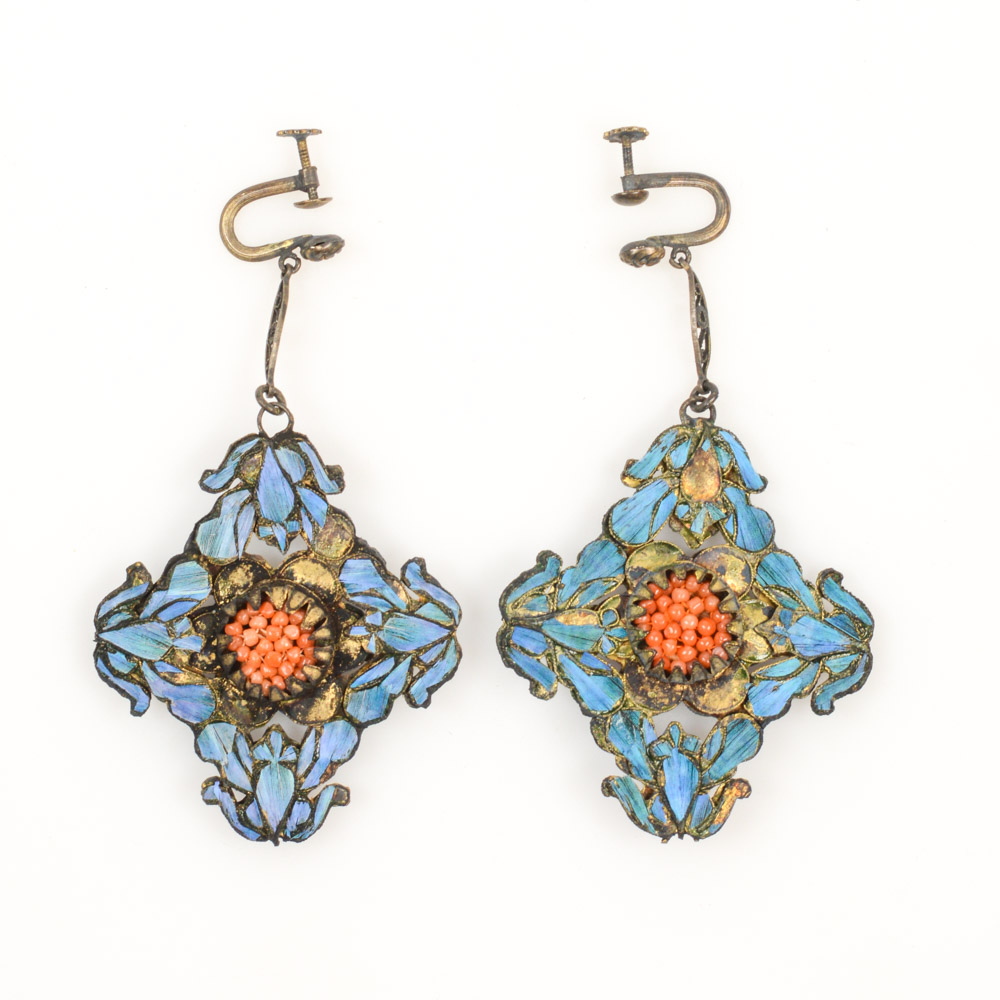 Antique Kingfisher Feather Earrings