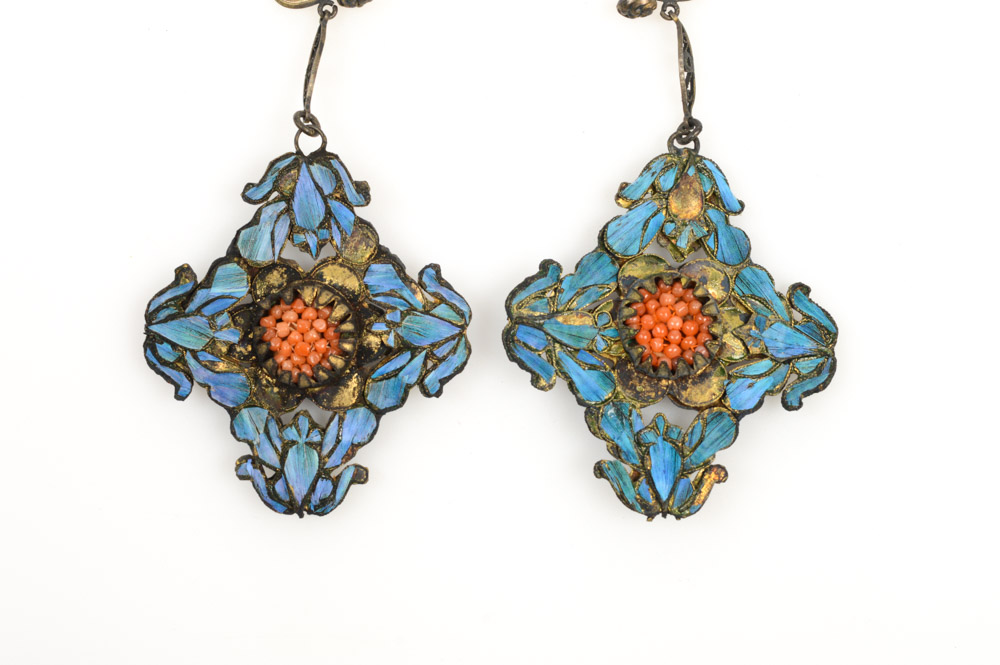 Antique Kingfisher Feather Earrings