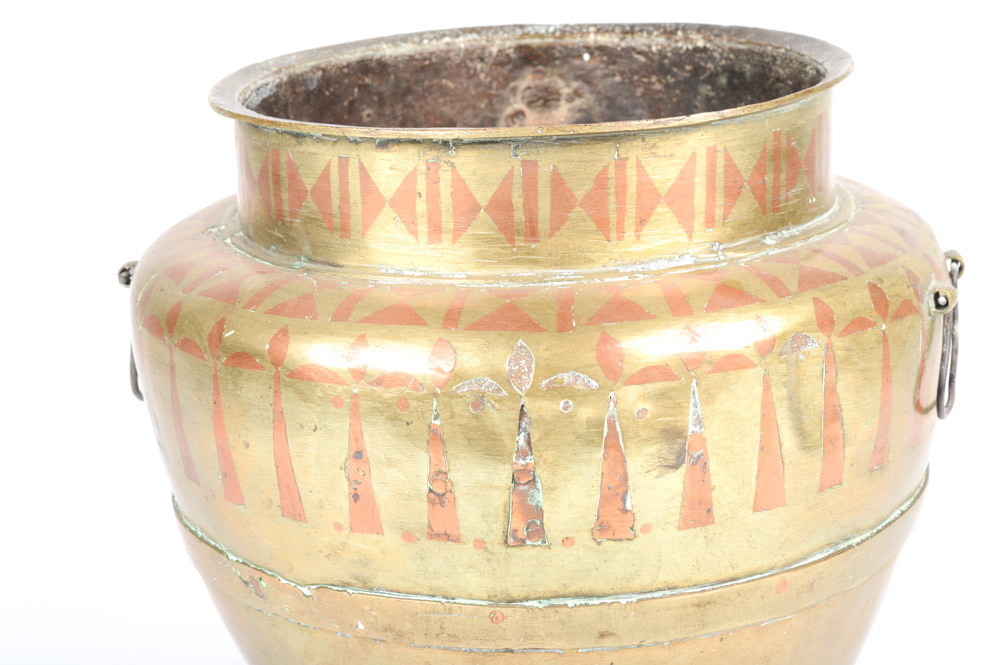 Antique Brass Urn with Copper Inlay