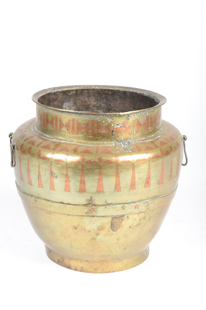 Antique Brass Urn with Copper Inlay