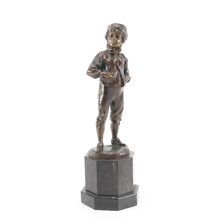 Max Lindenberg Copper Statue on Marble of a Boy