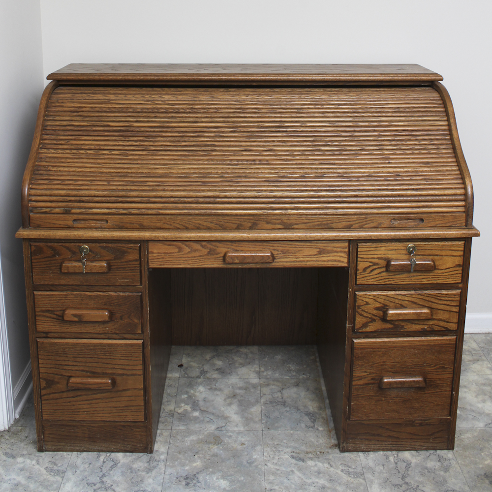 Mid-Century Pine Roll Top Desk