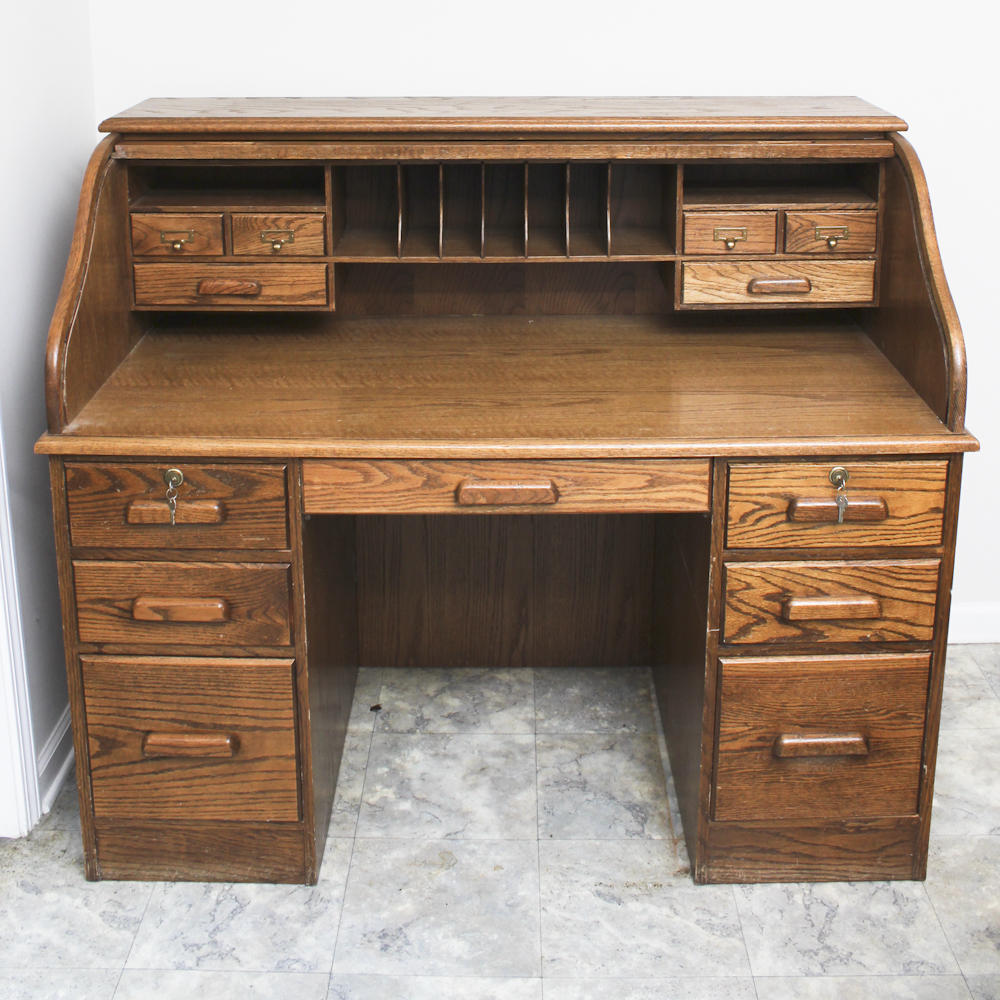 Mid-Century Pine Roll Top Desk