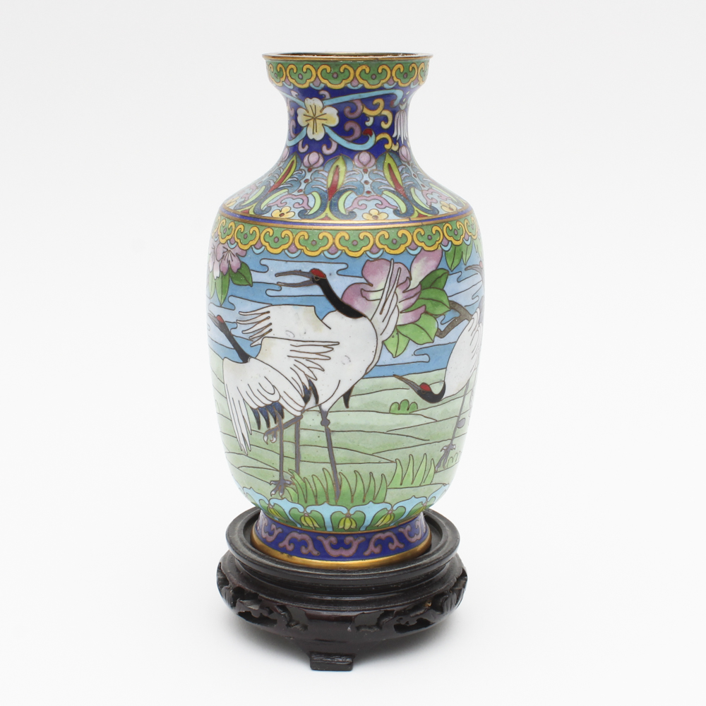 East Asian Cloisonné Vase and Dark Mahogany Carve