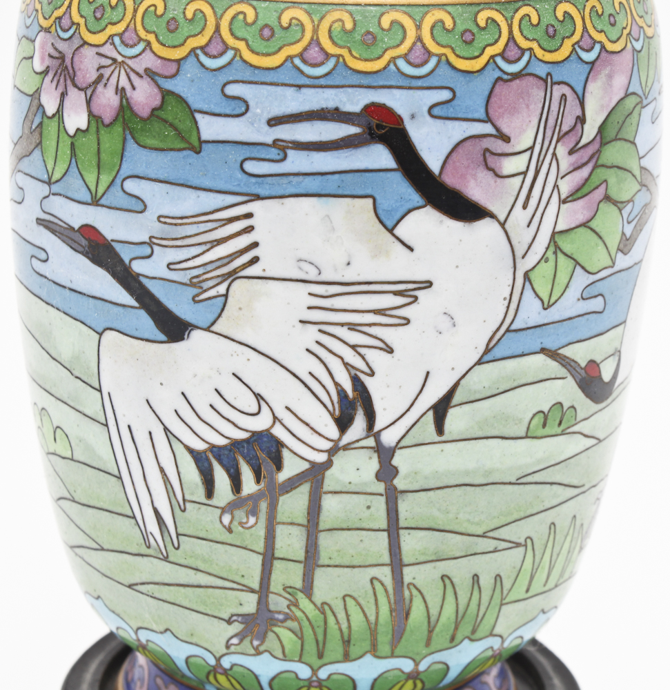 East Asian Cloisonné Vase and Dark Mahogany Carve