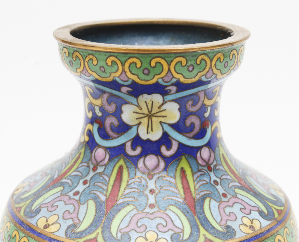 East Asian Cloisonné Vase and Dark Mahogany Carve