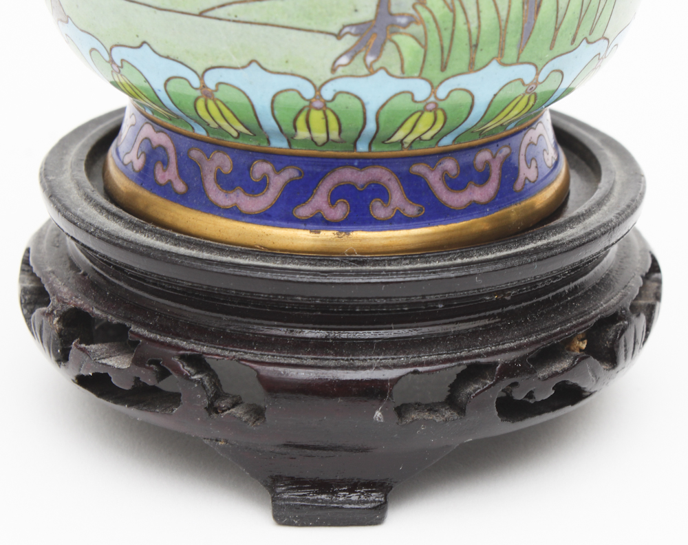 East Asian Cloisonné Vase and Dark Mahogany Carve