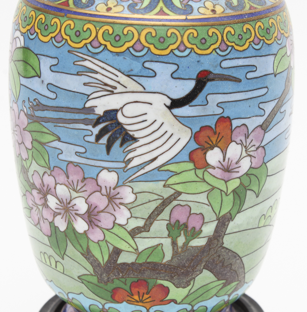 East Asian Cloisonné Vase and Dark Mahogany Carve