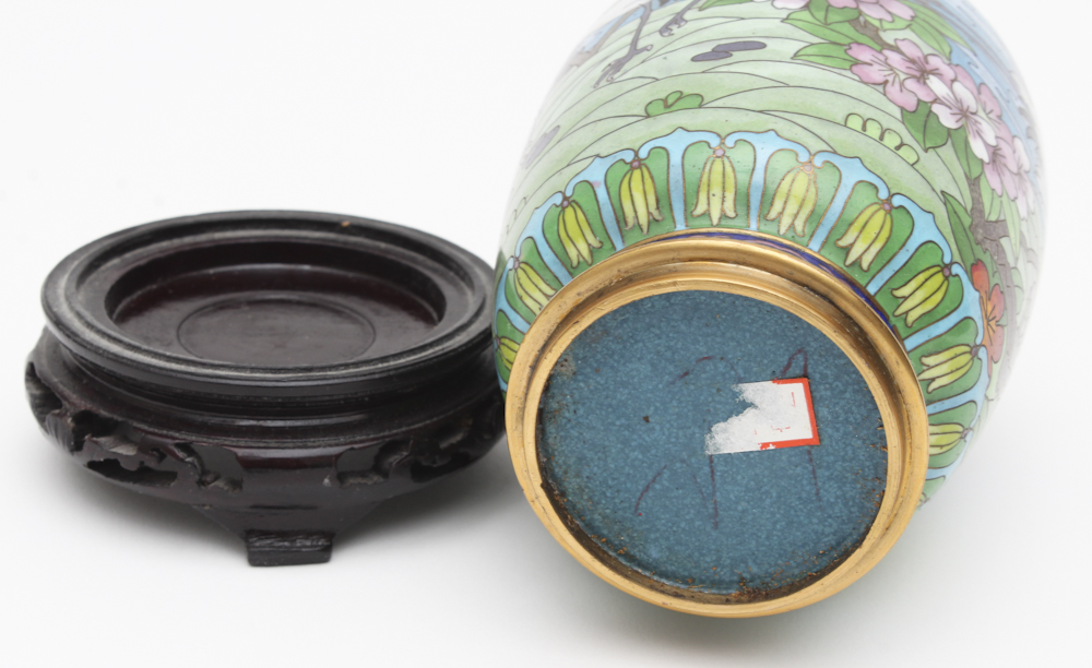 East Asian Cloisonné Vase and Dark Mahogany Carve