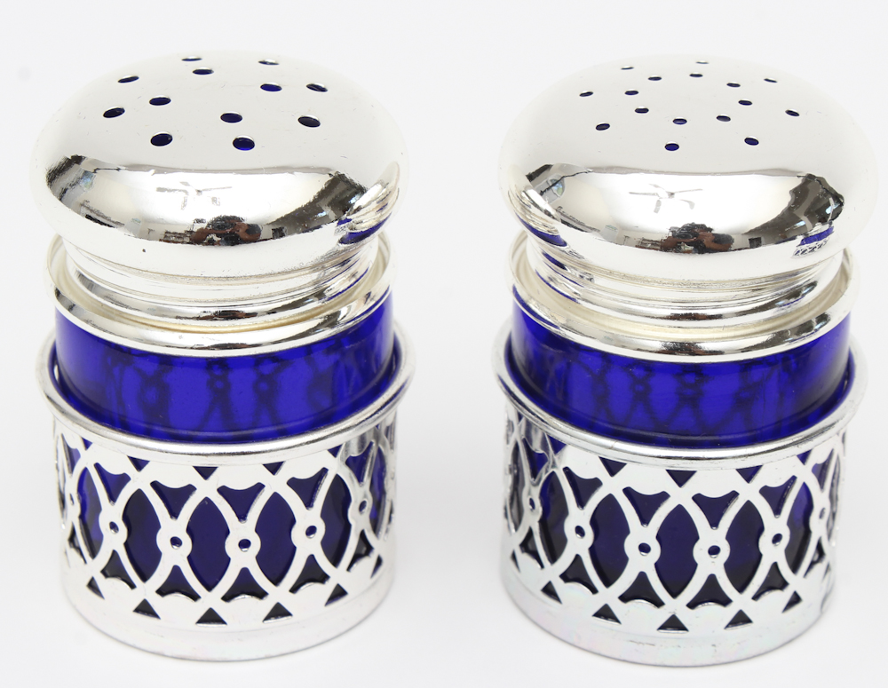 Silver Tone and Blue Glass Spice Set