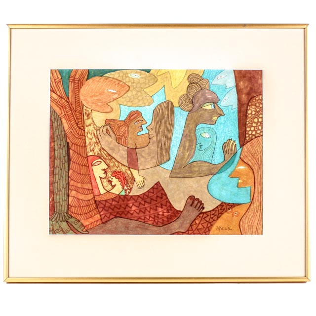 Original Ink Surrealist Painting By Evelyn Marx "Maternity"