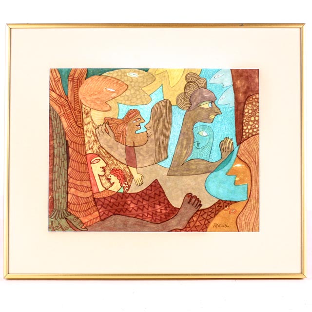 Original Ink Surrealist Painting By Evelyn Marx "Maternity"