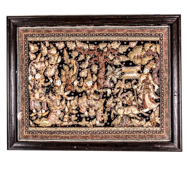 Large Vintage Thai Kalaga Bullion Tapestry with Scene From Ramakien