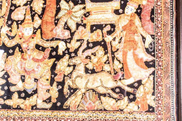 Large Vintage Thai Kalaga Bullion Tapestry with Scene From Ramakien