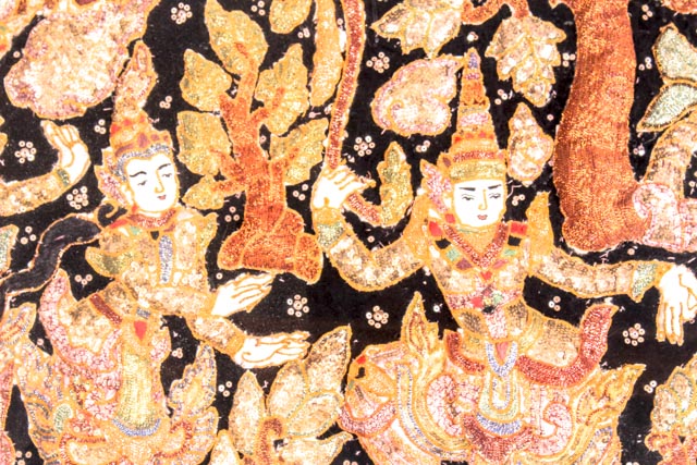 Large Vintage Thai Kalaga Bullion Tapestry with Scene From Ramakien