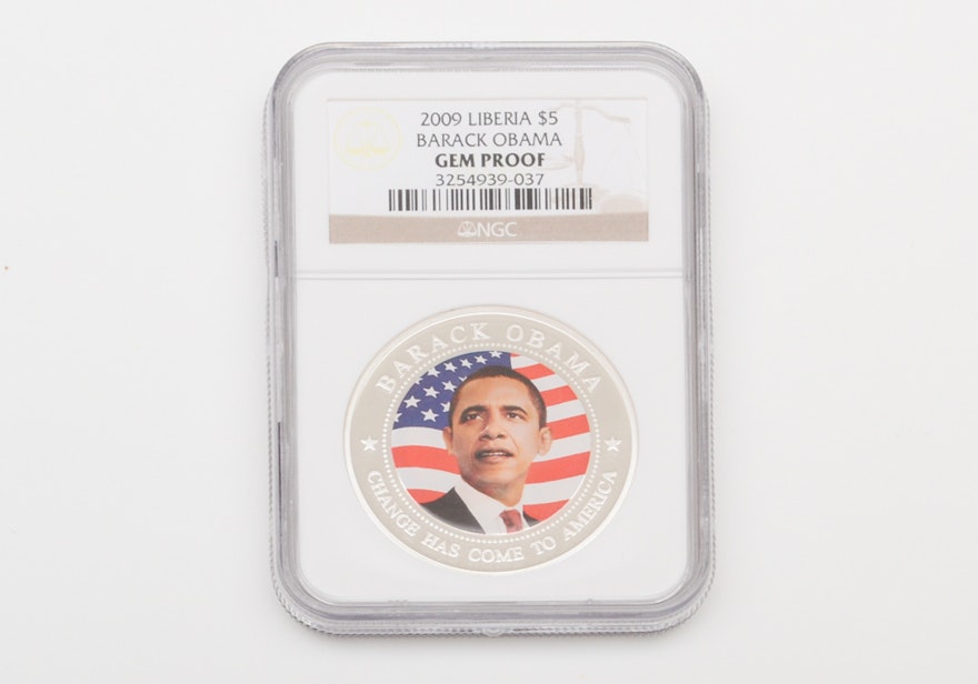 2009 Republic of Liberia Five Dollar Silver Barack Obama Colorized Gem Proof
