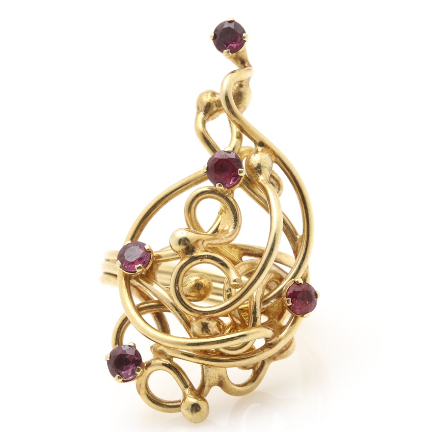 Scrolled 14K Yellow Gold Ruby Ring