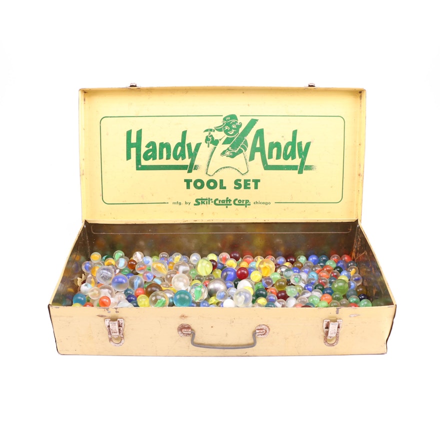 Handy Andy Vintage Metal Toolbox and Glass Marbles