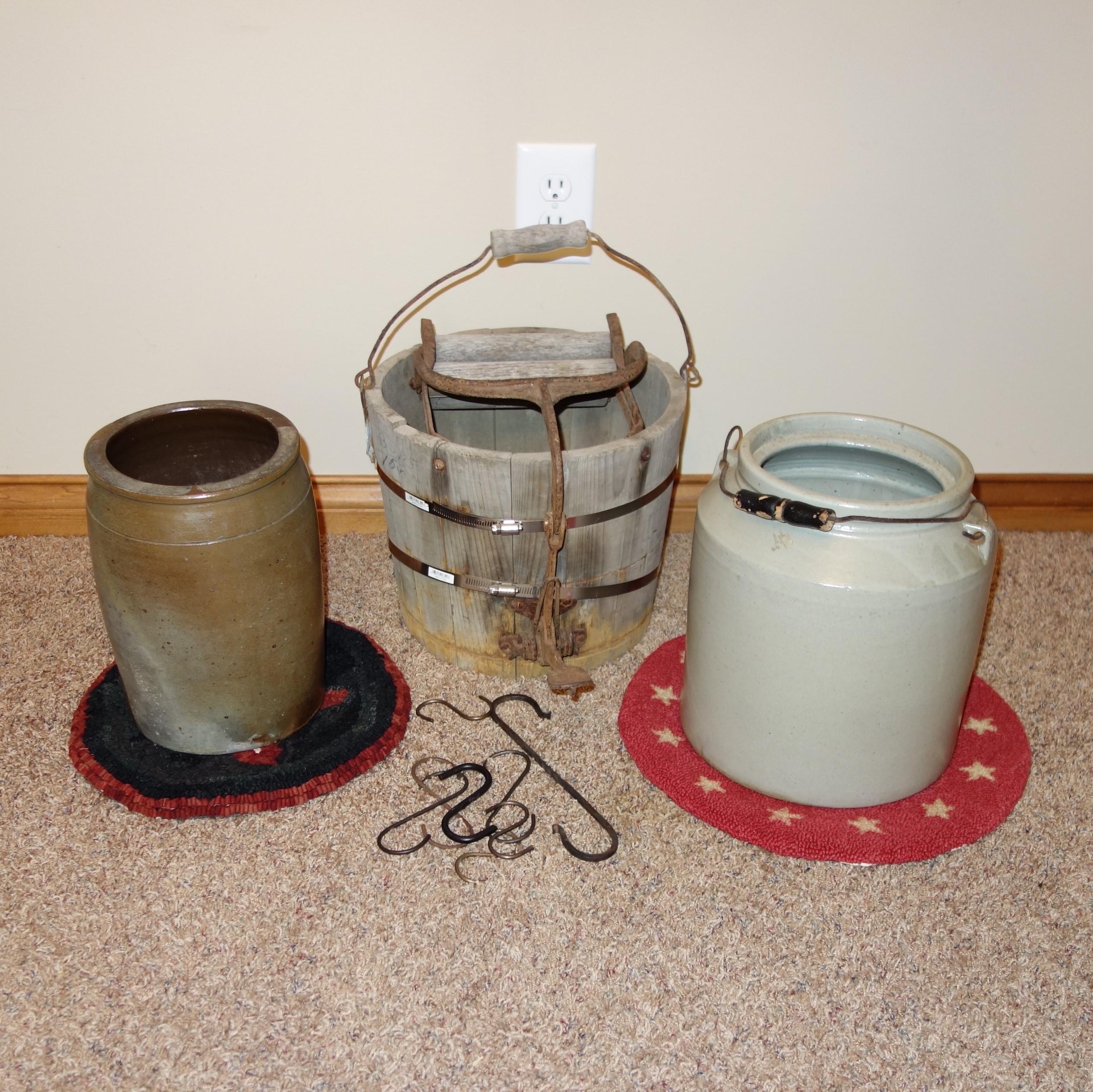 Stoneware Crocks and Wood Pail