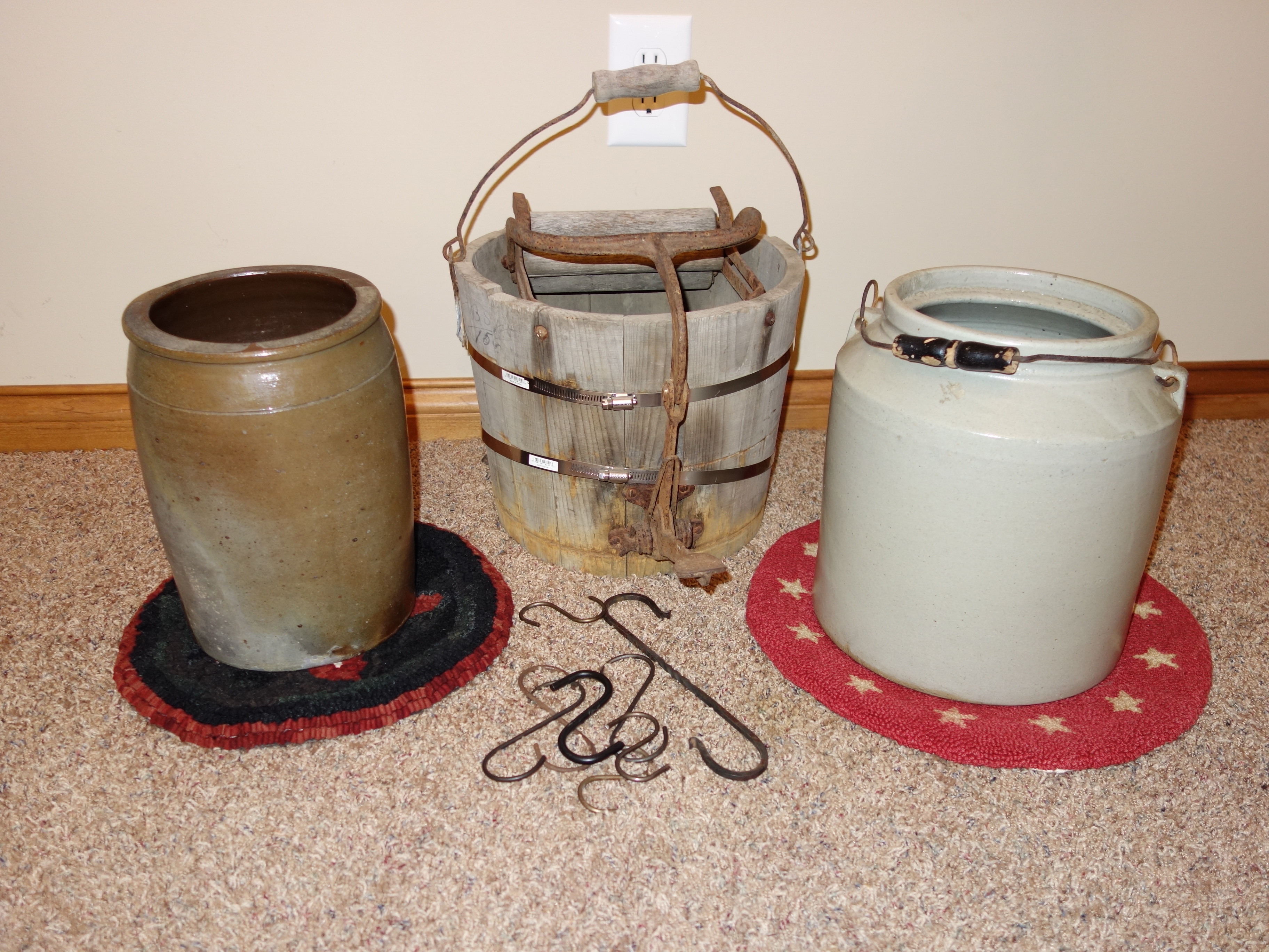 Stoneware Crocks and Wood Pail