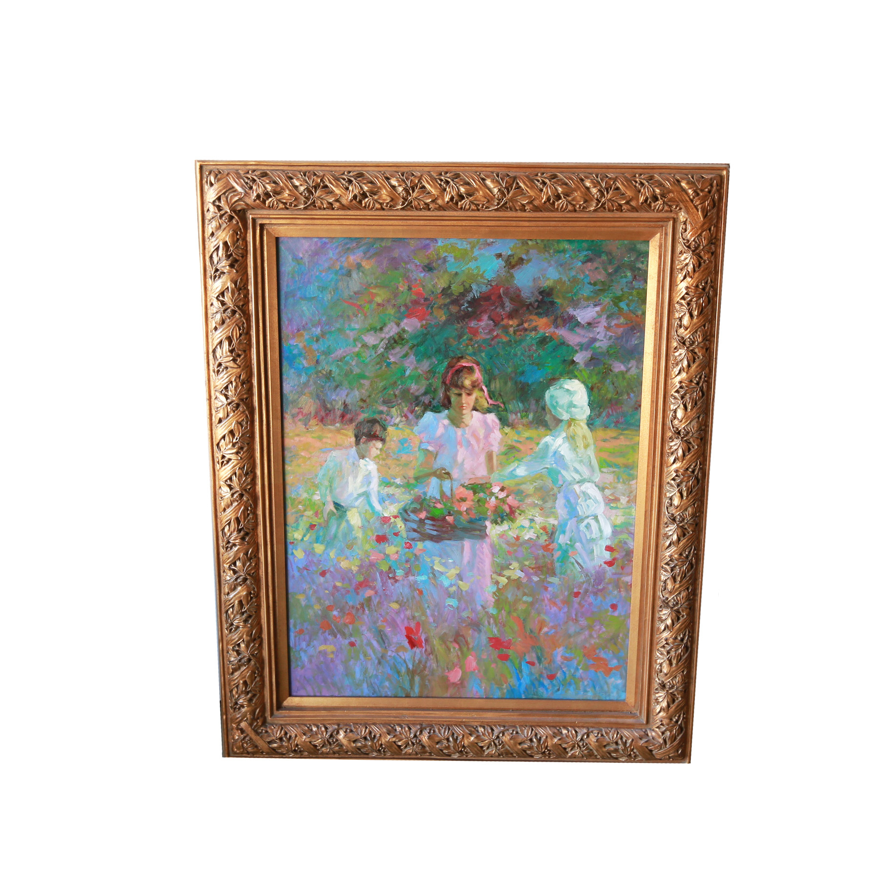 Impressionist Oil Painting on Canvas of Children Gathering Flowers