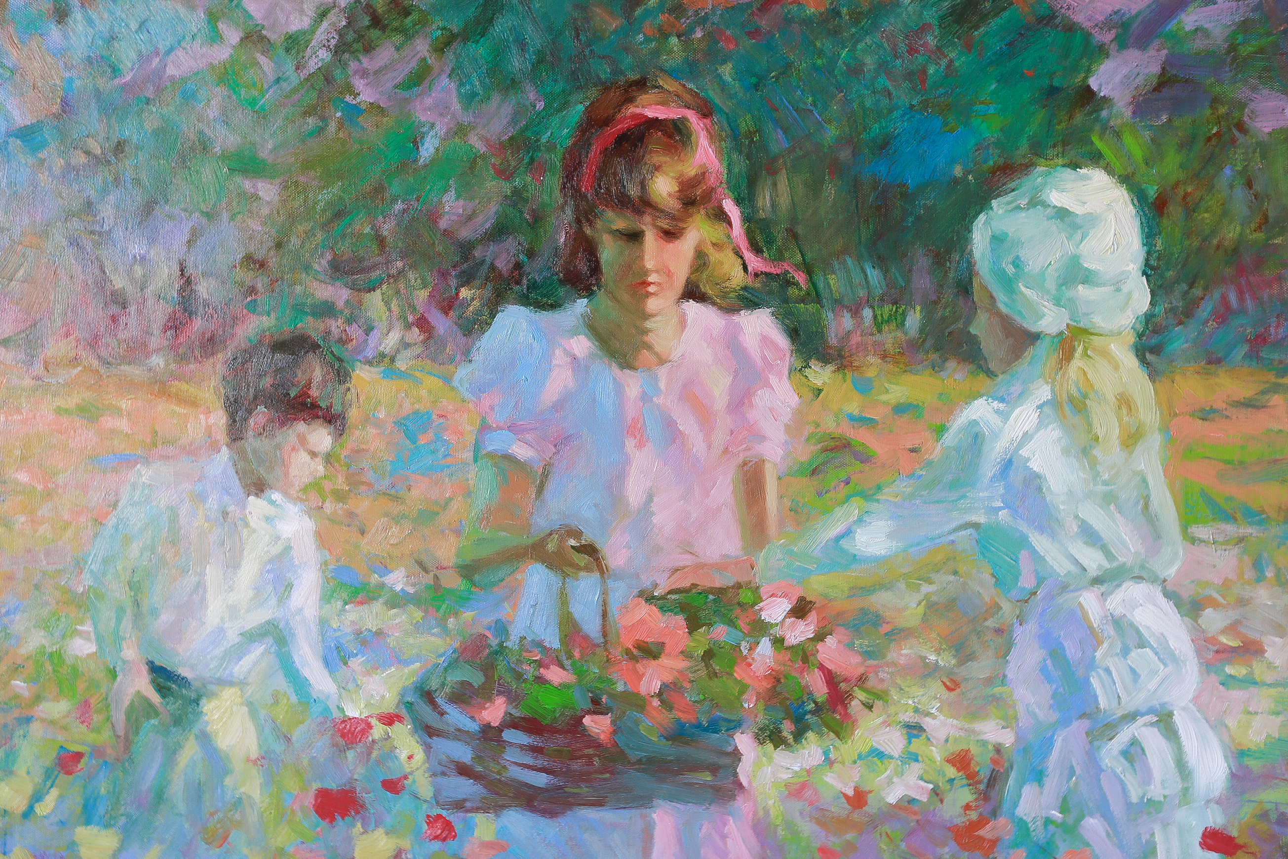Impressionist Oil Painting on Canvas of Children Gathering Flowers