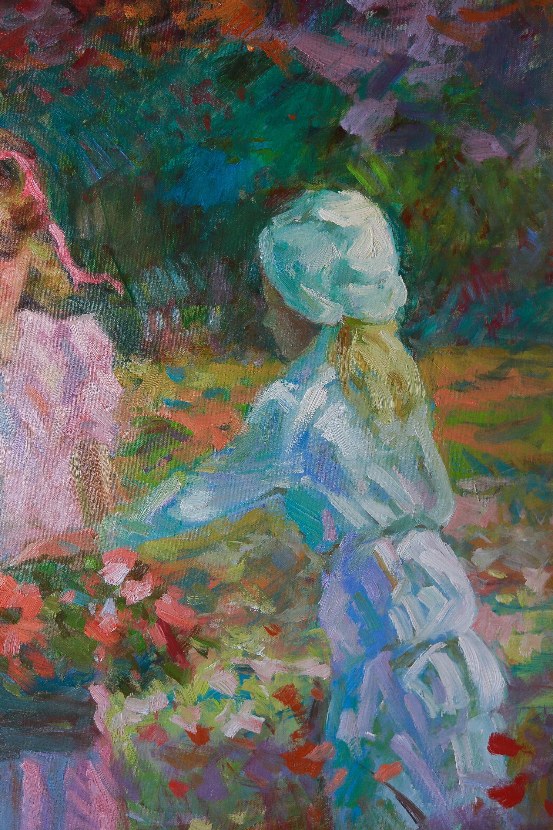 Impressionist Oil Painting on Canvas of Children Gathering Flowers