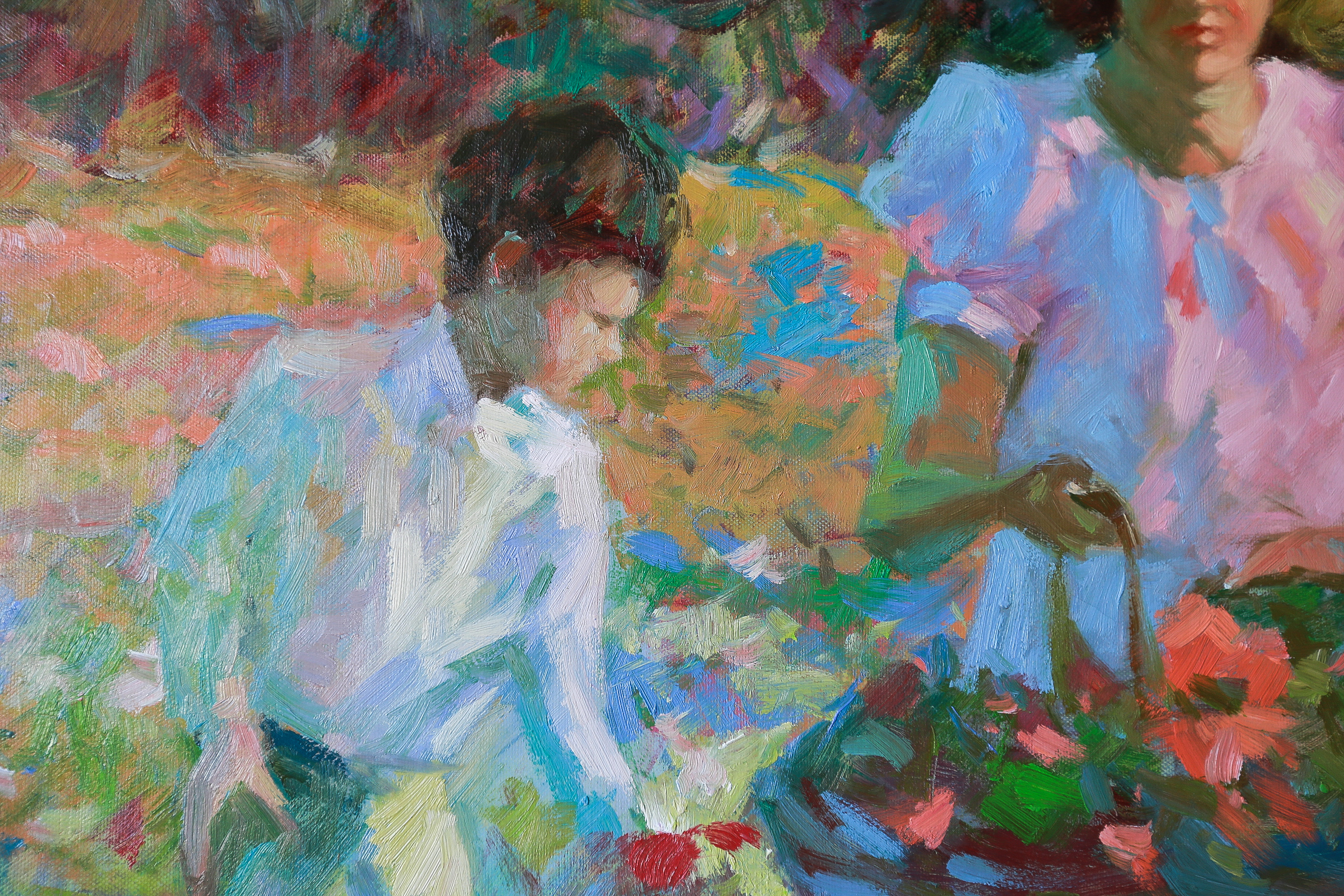 Impressionist Oil Painting on Canvas of Children Gathering Flowers