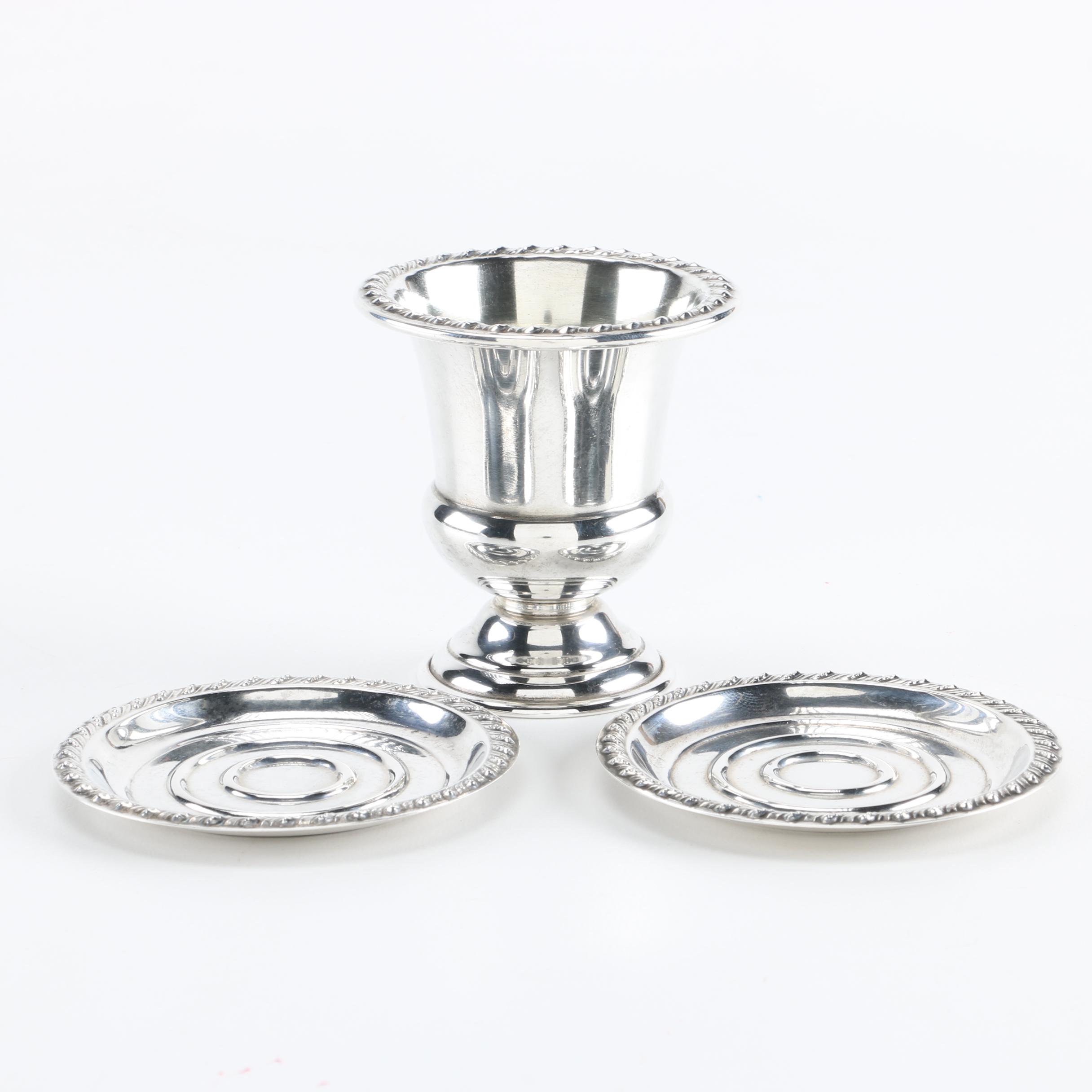 Sterling Silver Toothpick Cup and Matching Saucers