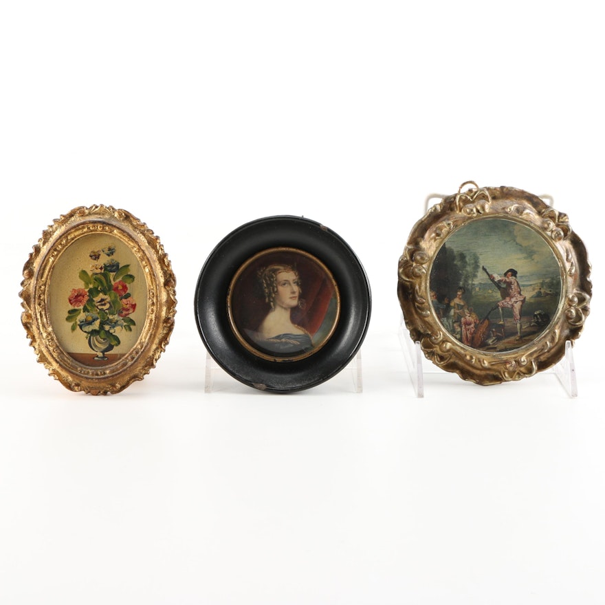 Framed Miniature Oil Painting and Offset Lithographs