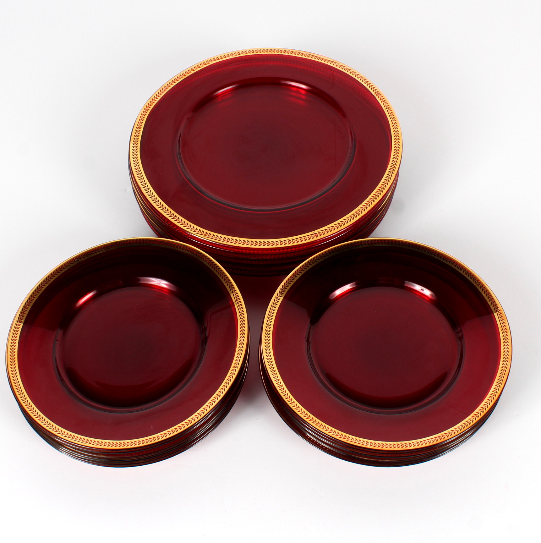 Red Glass Plates With Gold Tone Rims