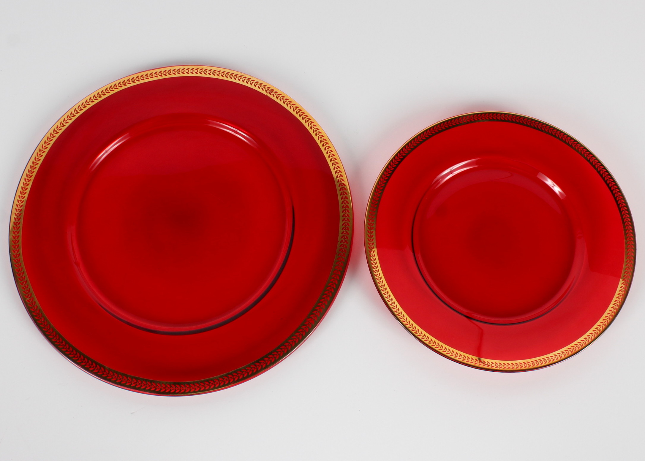 Red Glass Plates With Gold Tone Rims