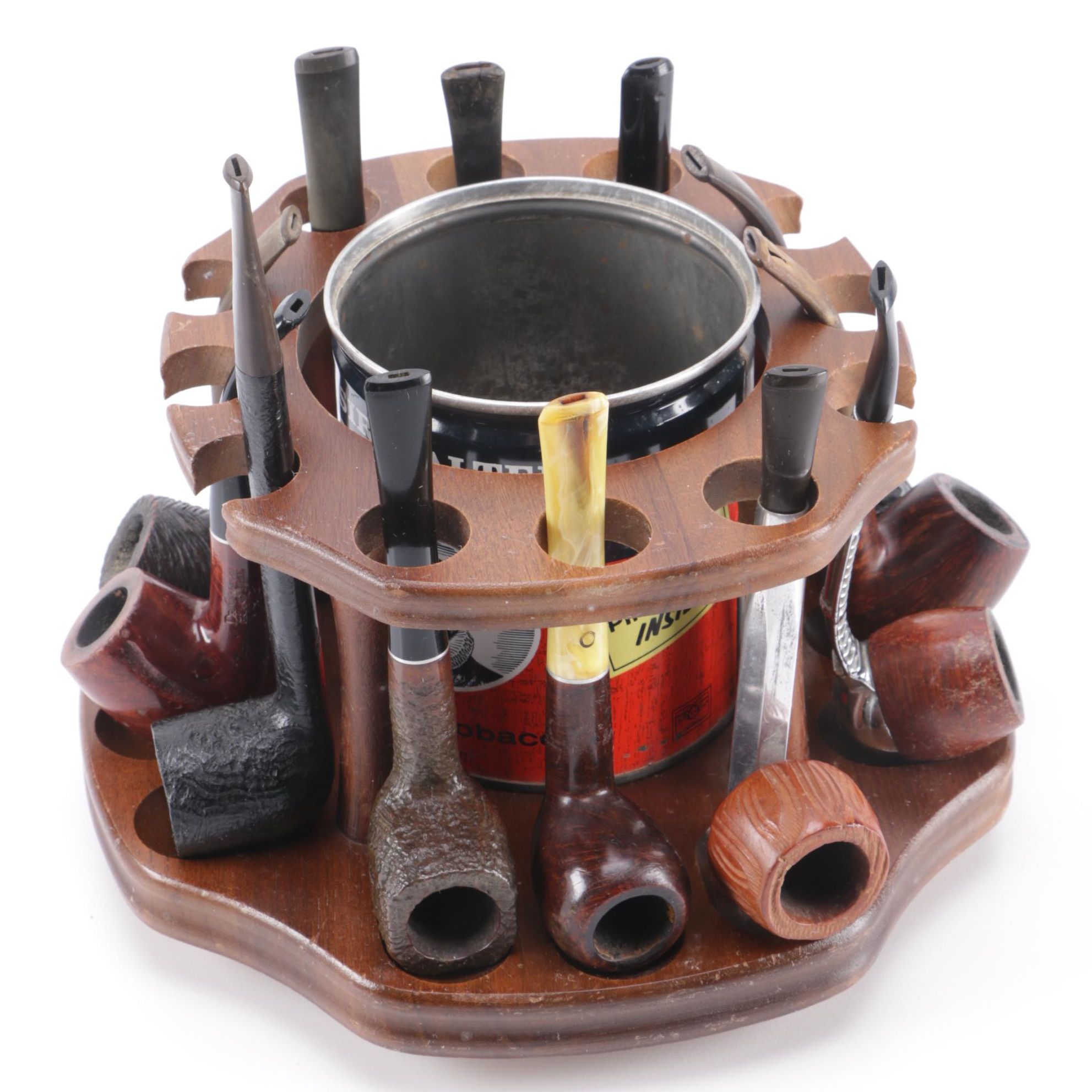 Rotating Pipe Stand w/ 12 Assorted Tobacco Pipes and Vintage Steel Tobacco Tin