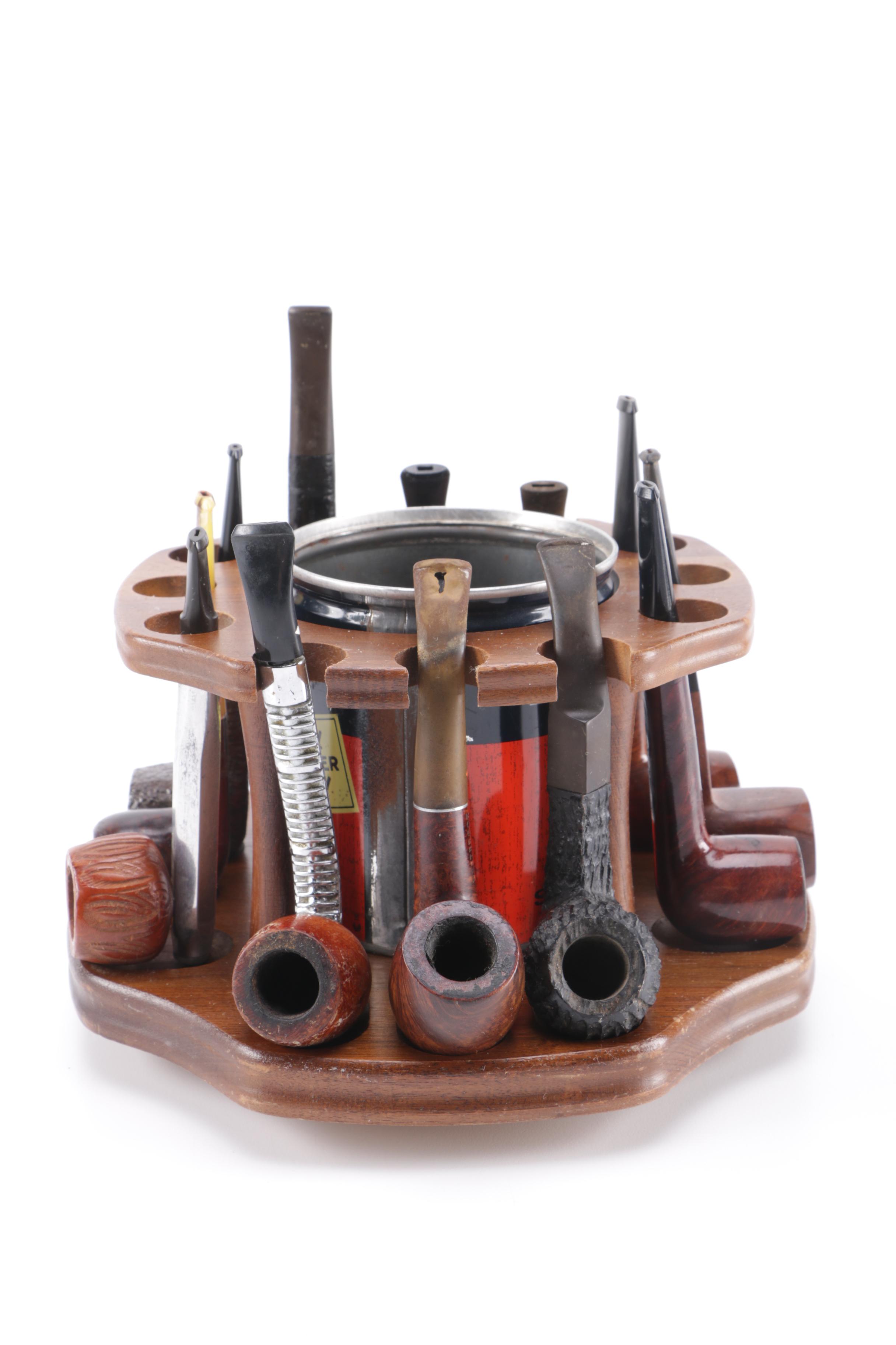 Rotating Pipe Stand w/ 12 Assorted Tobacco Pipes and Vintage Steel Tobacco Tin
