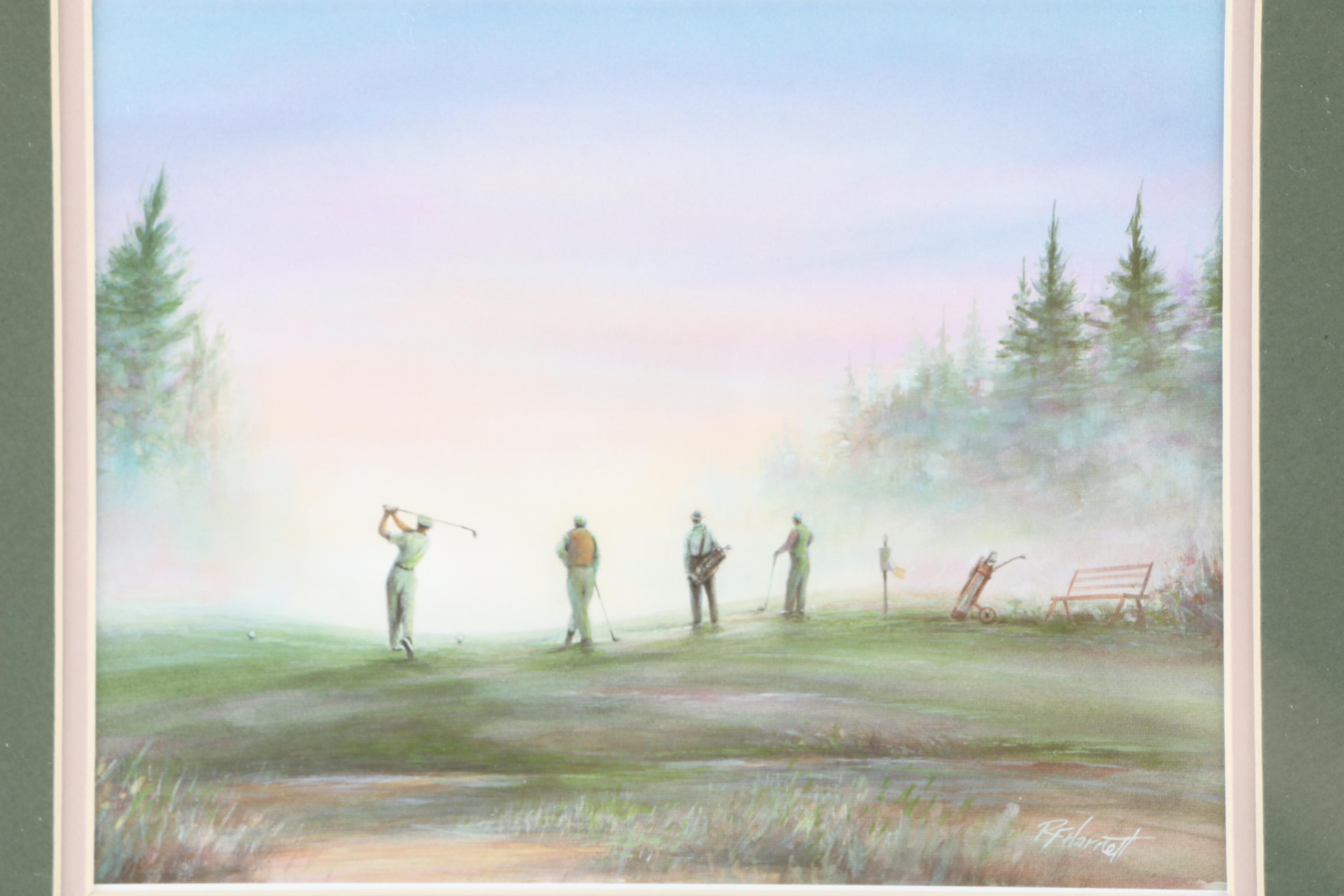 After R. F. Harnett Offset Lithograph "Golfers Teeing Off in Fog"