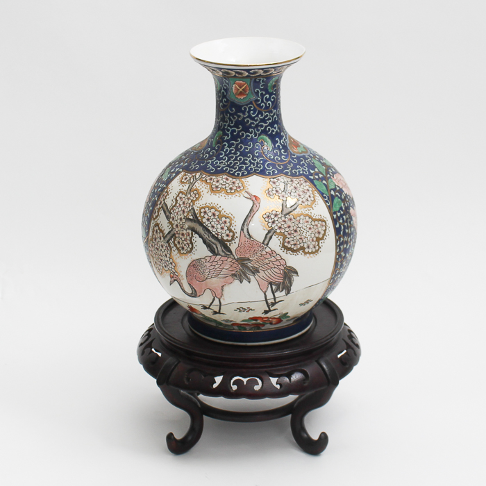 Vintage Chinese Vase with Wooden Stand