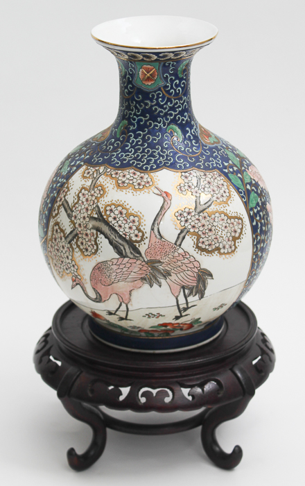 Vintage Chinese Vase with Wooden Stand