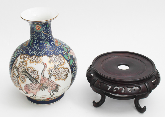 Vintage Chinese Vase with Wooden Stand