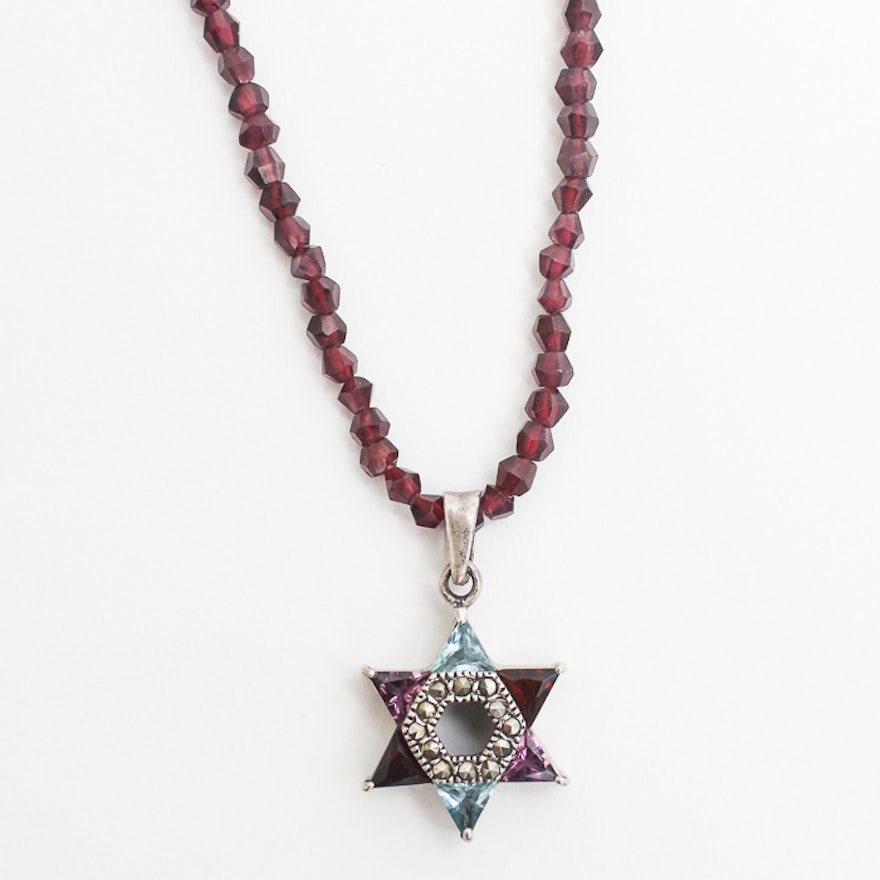 Sterling Silver and Gemstone Star of David Necklace