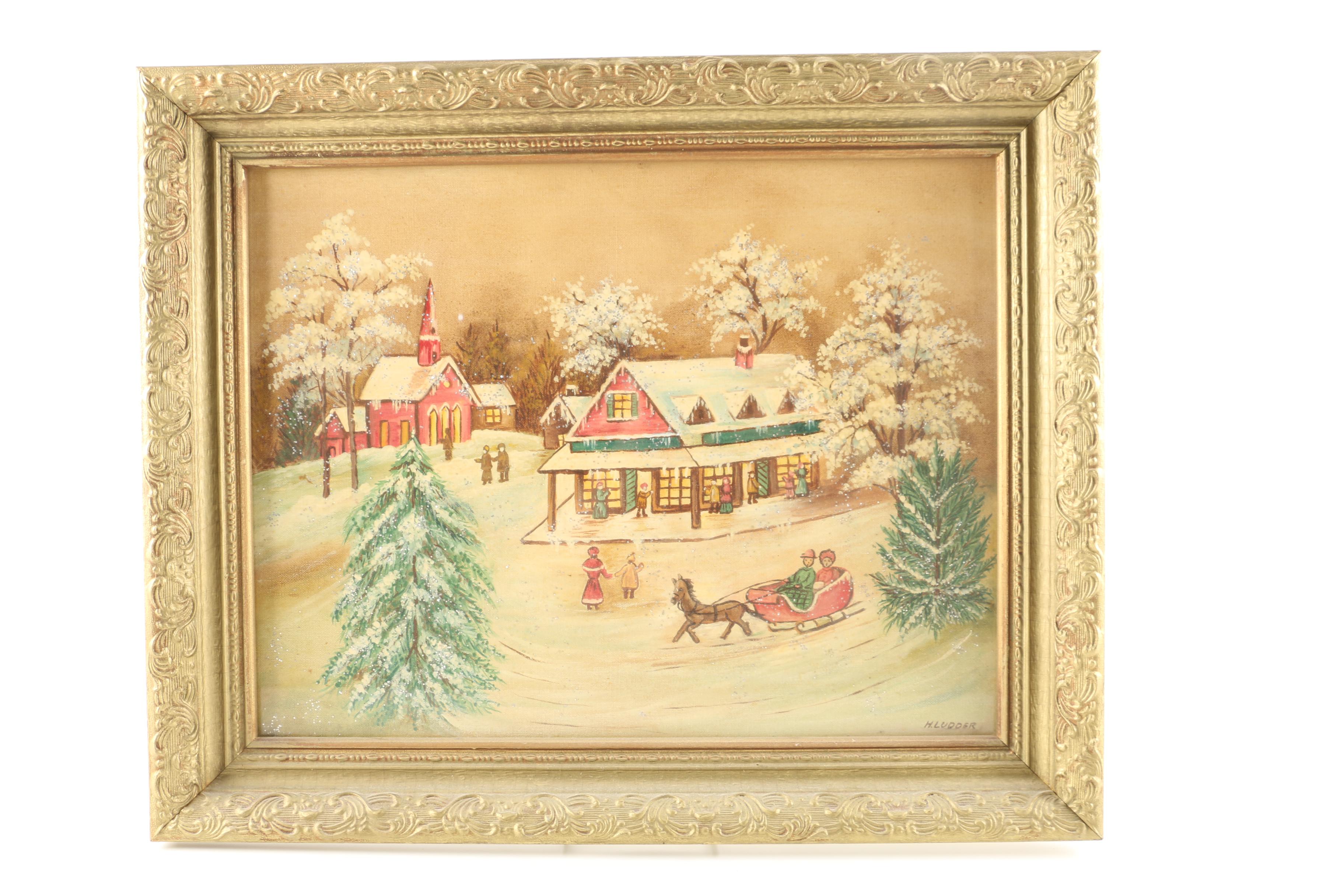 Two Original Folk Art Winter Scenes Signed H. Ludder