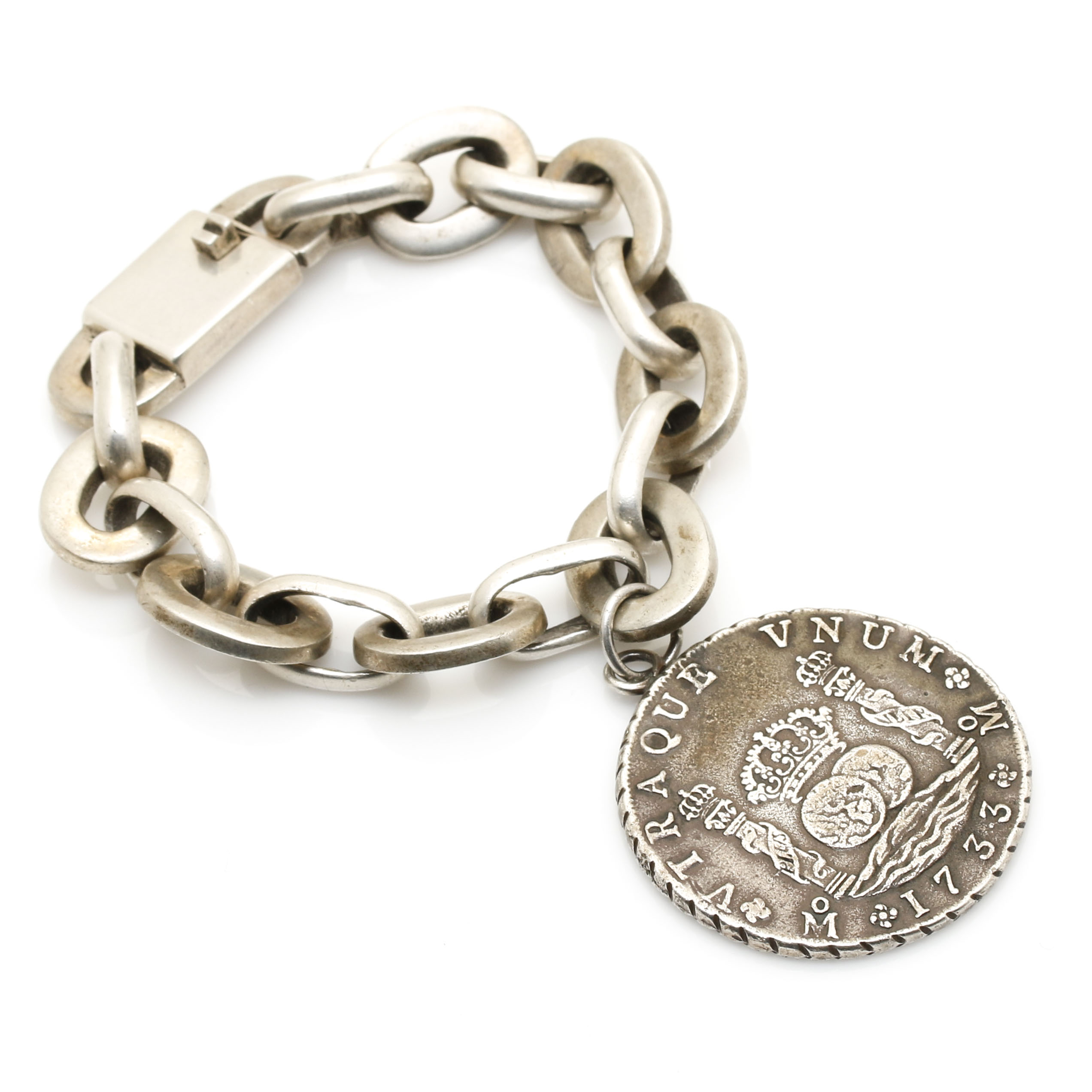 800 - 925 Silver Horacio de la Parra Bracelet With Replica 1733 Spanish Colonial 8 Reales 900 Silver Coin