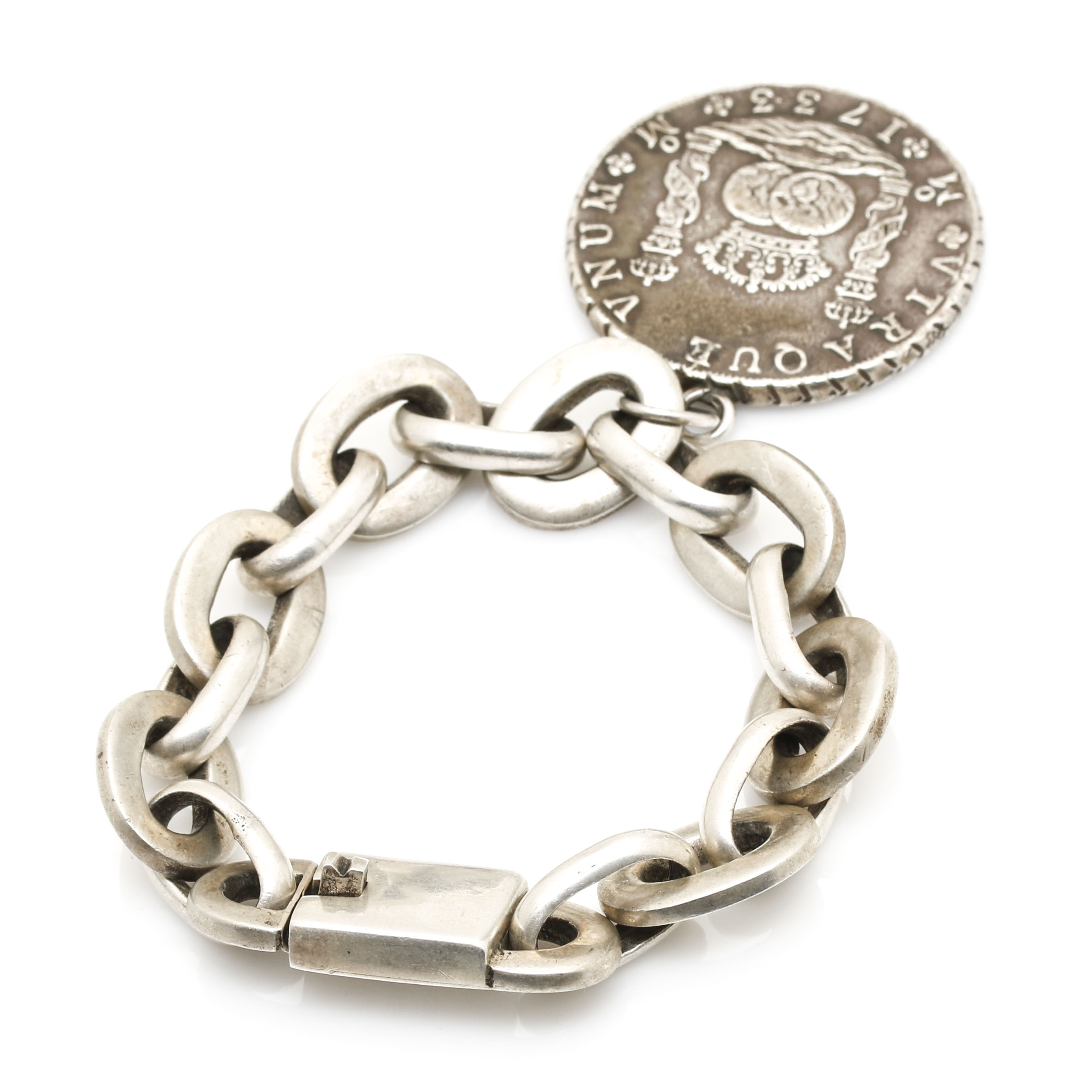 800 - 925 Silver Horacio de la Parra Bracelet With Replica 1733 Spanish Colonial 8 Reales 900 Silver Coin