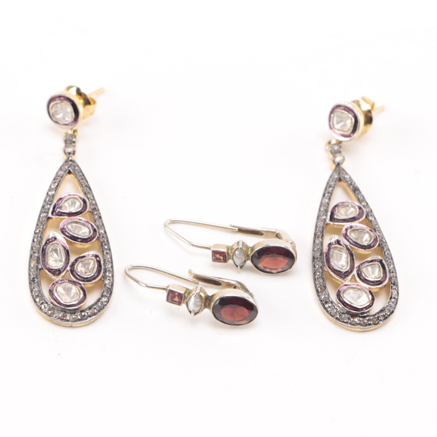 Sterling, Garnet and Pearl Earrings and Polki Diamond Earrings