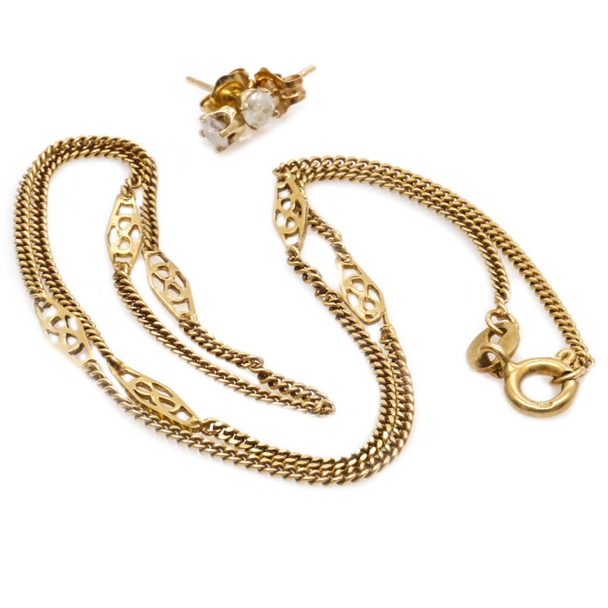 14K Yellow Gold Diamond Earrings and Infinity Necklace