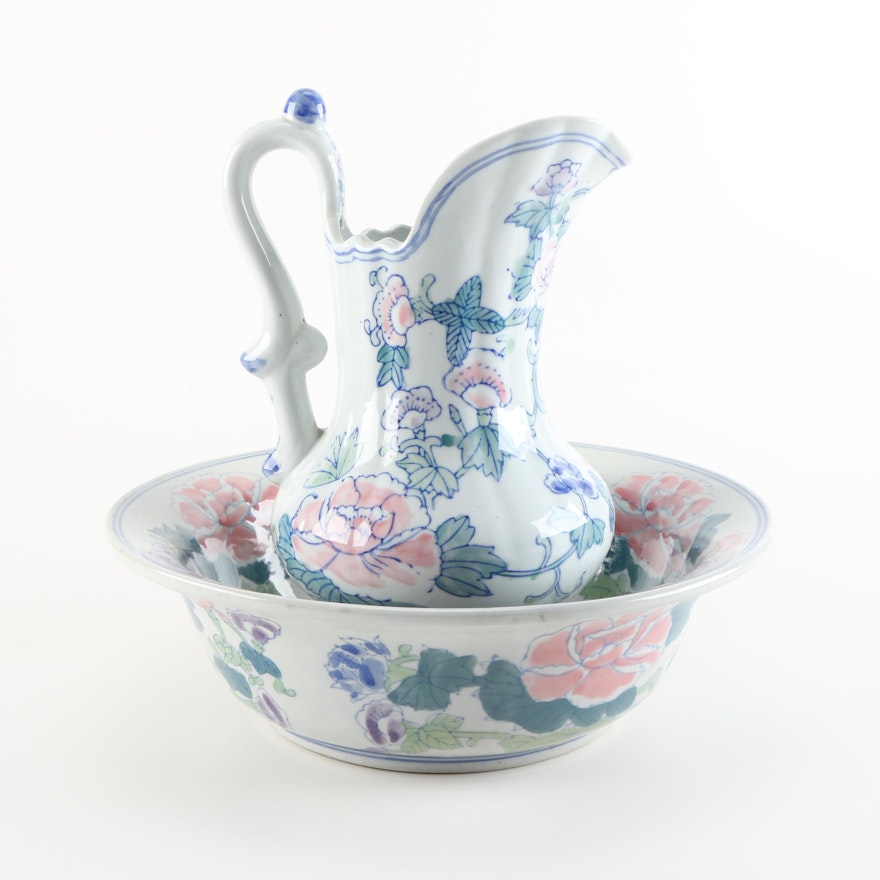 Contemporary Floral Ceramic Wash Pitcher and Basin