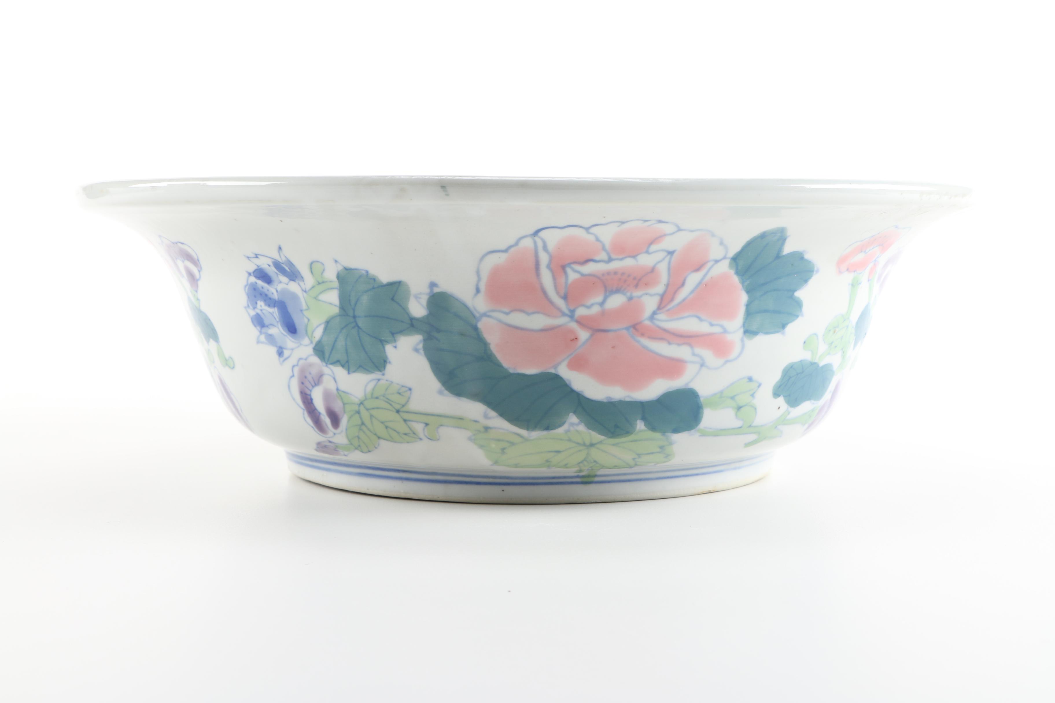 Contemporary Floral Ceramic Wash Pitcher and Basin